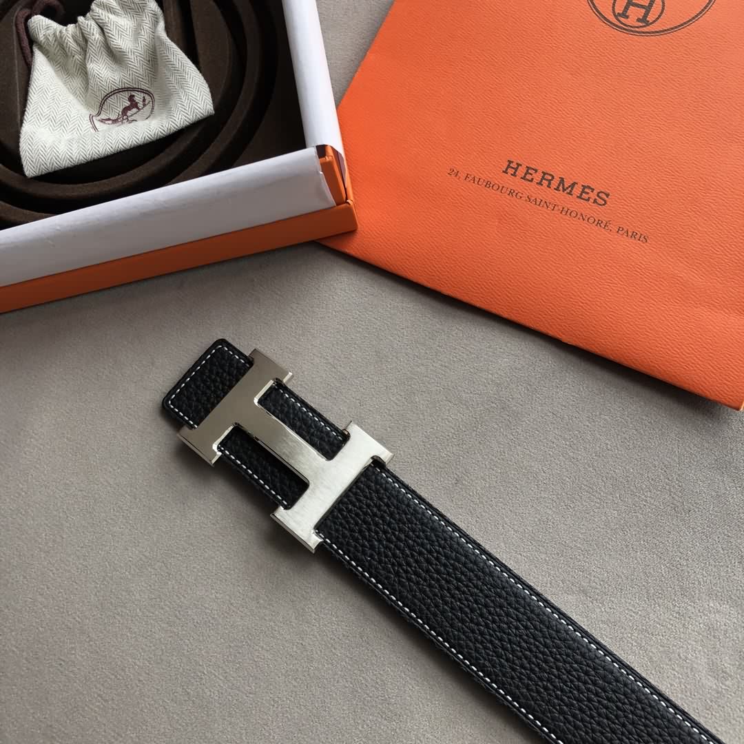 Hermes男款3.8cm經典精鋼H焊點金屬扣搭配原版皮粒面