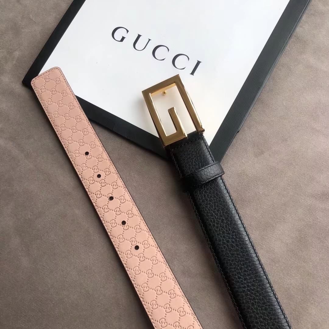 Gucci古馳新款3.5cm男女同款全皮黑色金扣/銀扣GG腰帶