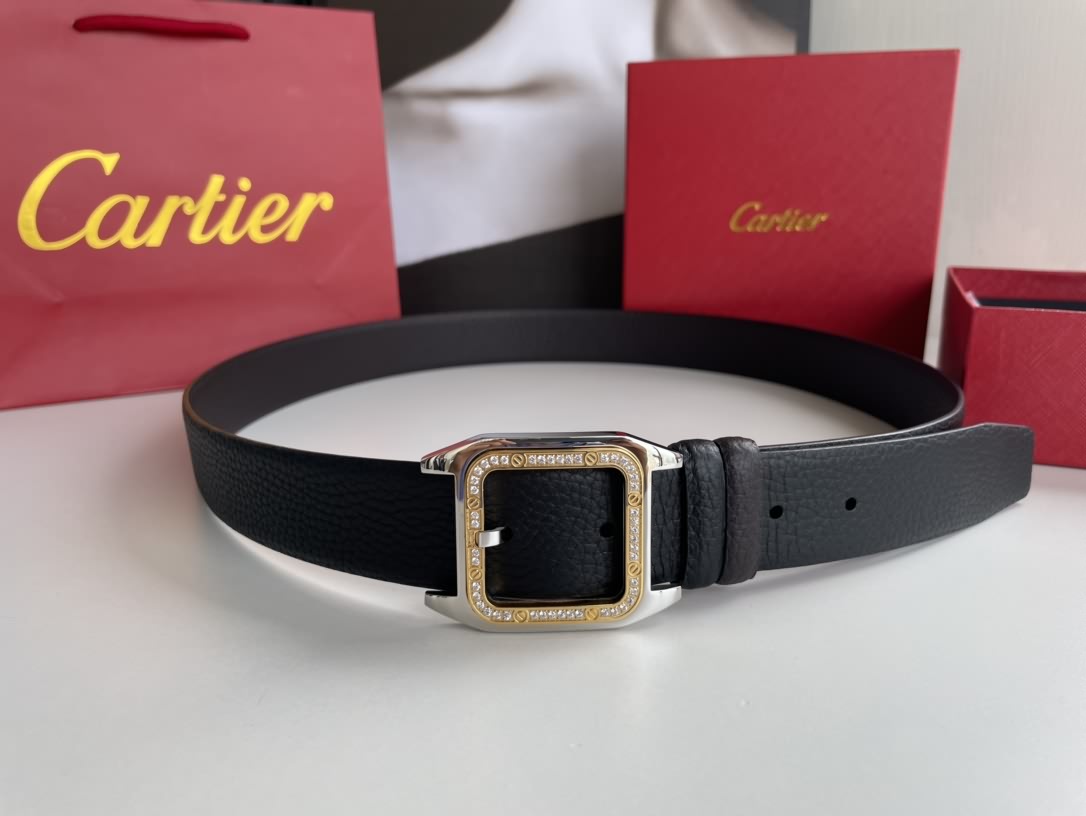 Cartier 精鋼鑲嵌鑽針式扣搭配頭層牛皮