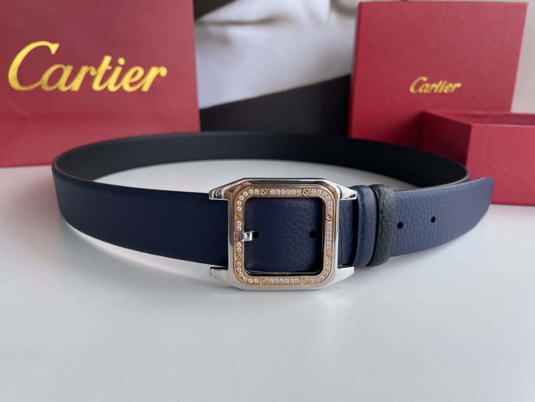 Cartier 精鋼鑲嵌鑽針式扣搭配頭層牛皮
