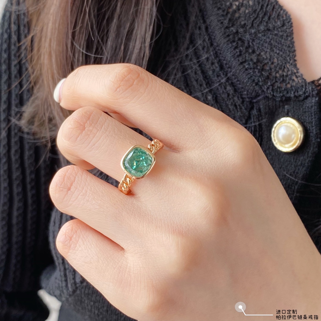 彩寶： 925220 進口定制 古方形綠冰花鏈條戒指